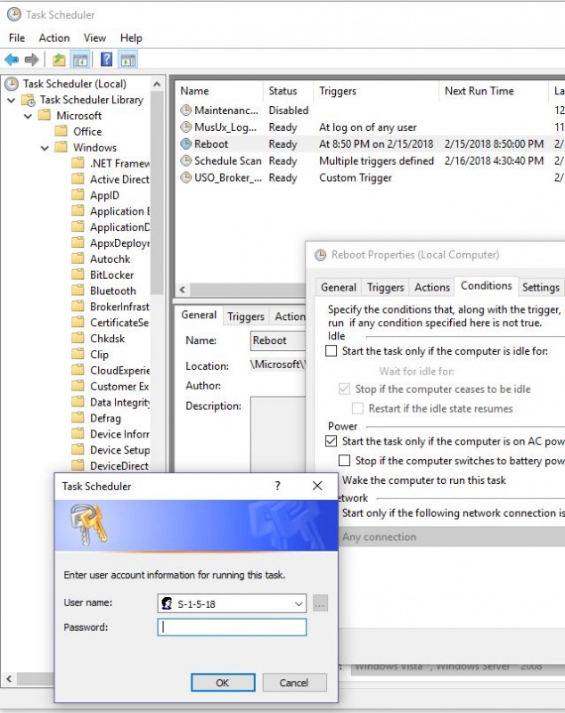 Computer wakes up at night - Modify UpdateOrchestrator Reboot task s-1-5-18 password